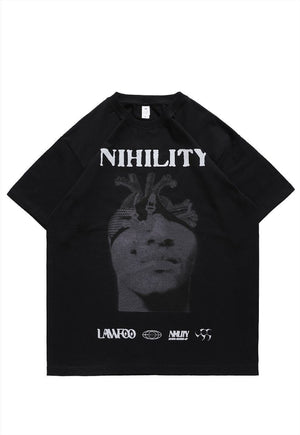 Nihilist slogan t-shirt Gothic face tee monster top green