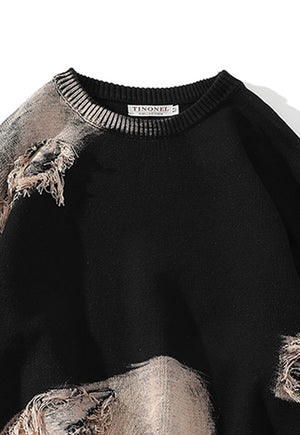 Distressed sweater black ripped knitted gradient rocker top