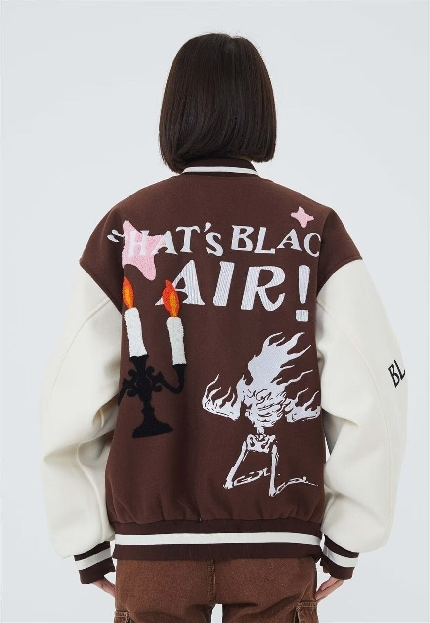 Flame varsity jacket faux leather skeleton bomber in black