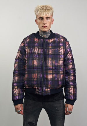 Tie-dye check varsity jacket green tartan reversible bomber