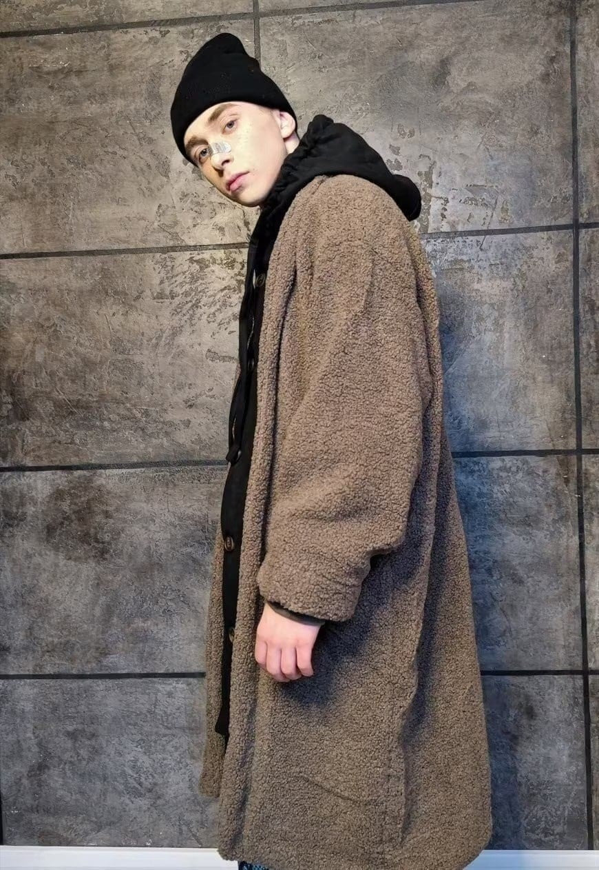 Double layer fleece jacket retro hooded bomber black brown