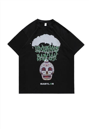 Skeleton print t-shirt bons tee skater skull top in White