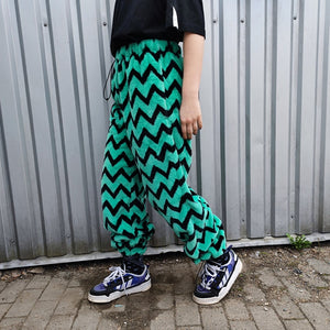 Festival stripe fleece joggers zebra pants handmade zigzag faux fur raver trousers premium party overalls in green black