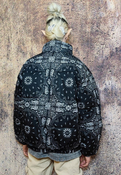 Paisley bomber jacket bandanna puffer cashew coat in black