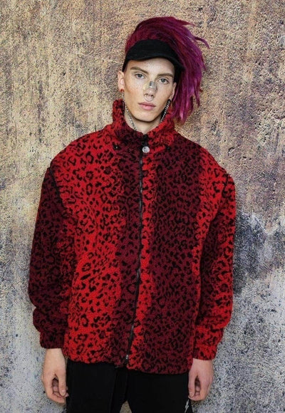 Leopard fleece hooded jacket handmade fluffy animal coat red