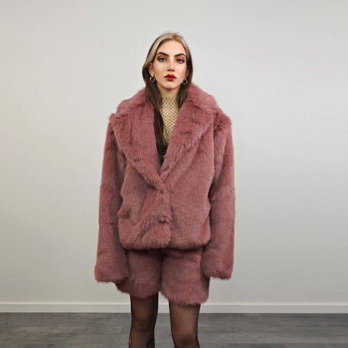 Green faux fur shorts shaggy cropped pants short going out trousers fuzzy grunge joggers handmade luxury festival overalls fleece set