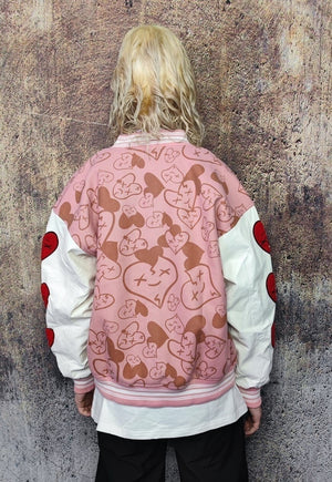 Heart patch varsity jacket faux leather sleeve bomber pink