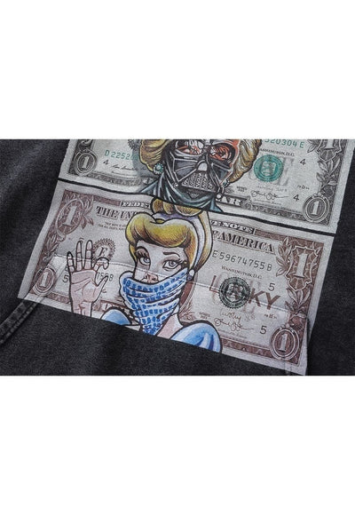 Dollar print hoodie money pullover grunge cartoon top grey