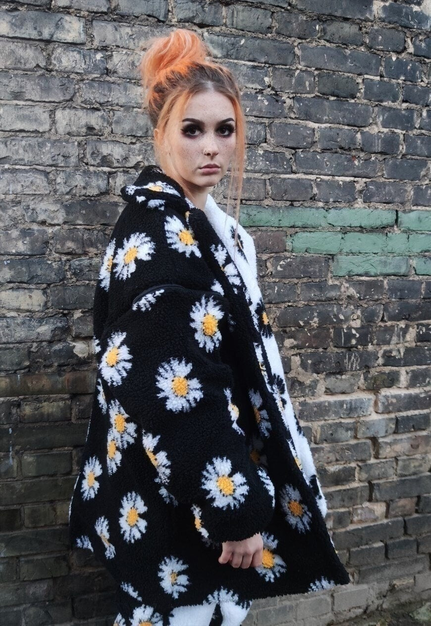 Floral fleece coat handmade daisy trench jacket white black