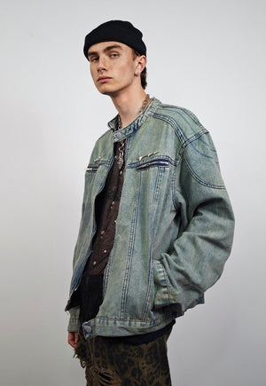 Denim varsity jacket round neck bleached jean college bomber