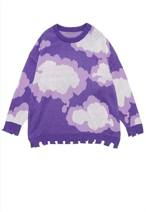 Cloud print sweater ripped knitwear jumper rave top purple