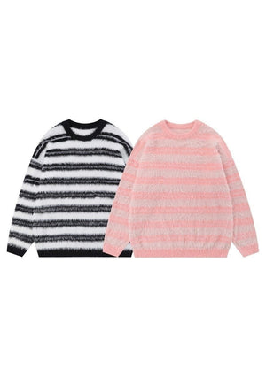 Striped sweater fluffy knit jumper soft fleece pastel pink