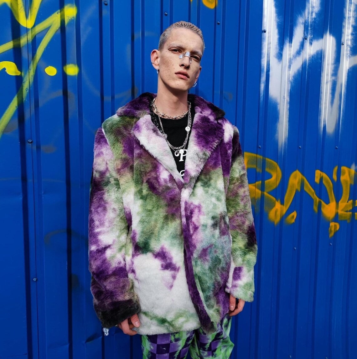 Tie-dye fleece coat green purple faux fur gradient trench grunge overcoat detachable handmade rave puffer festival bomber Coachella jacket