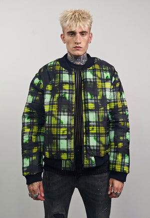 Tie-dye check varsity jacket purple tartan reversible bomber