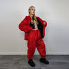 Red faux fur joggers winter raver pants fluffy skiing trousers mountain fleece overalls festival bottoms burning man pants