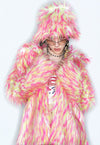 Shaggy faux fur coat pink orange fuzzy aviator raver bomber