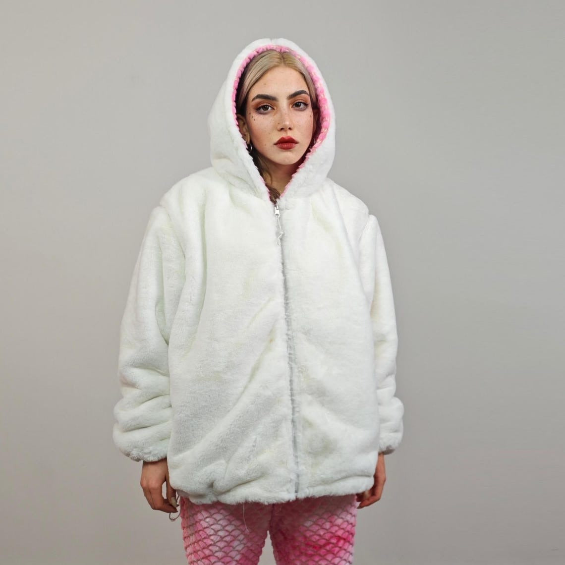 Pink mermaid jacket reversible tiedye fleece hood faux fur bomber retro geometric coat detachable sleeve overcoat fluffy golden festival set