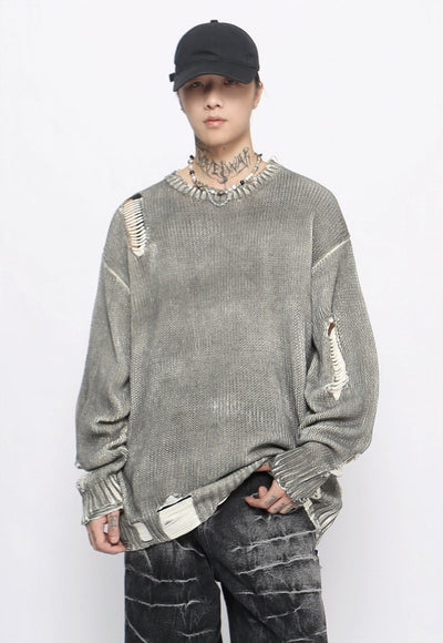 Oil wash ripped sweater grey knitted distressed punk jumper