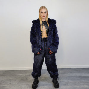 Luxury faux fur joggers luminous raver pants fluffy punk trousers skiing fleece shaggy overalls festival bottoms burning man pants in blue