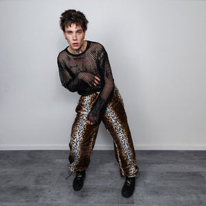 Faux fur leopard joggers animal print pants handmade cheetah fleece raver trousers premium party overalls in brown and white