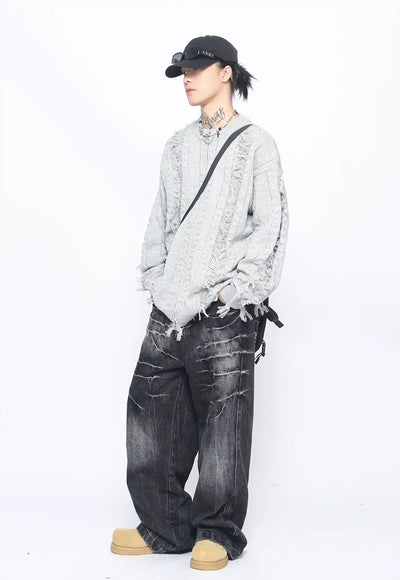 Grunge zip up cardigan grey ripped punk jumper y2k knit top