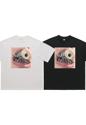 Teeth print t-shirt mouth tee grunge braces top in white