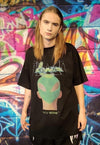 Futuristic raver tee Alien skinhead print t-shirt in black