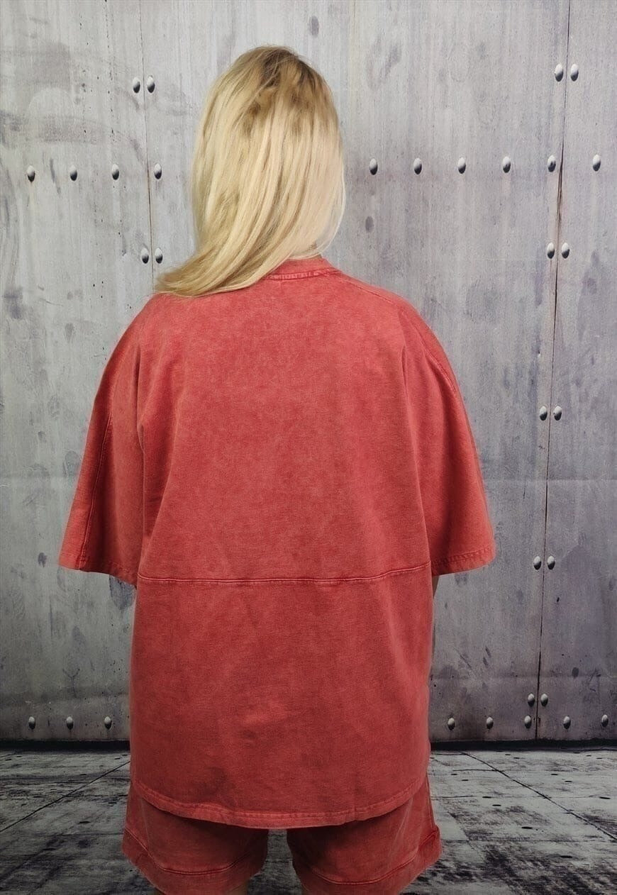 Washed out sports set bleached shorts Y2K slogan tee red