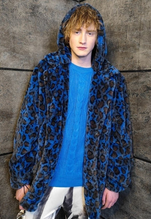 Leopard fleece coat handmade 2in1 tie-dye trench jacket blue