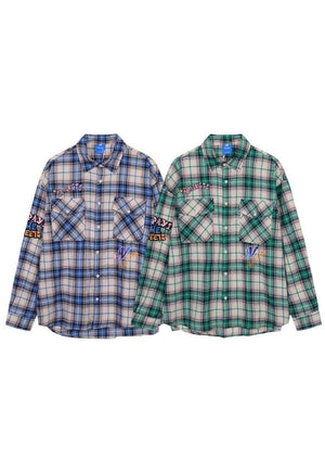 Retro check shirt long sleeve vintage wash top in green