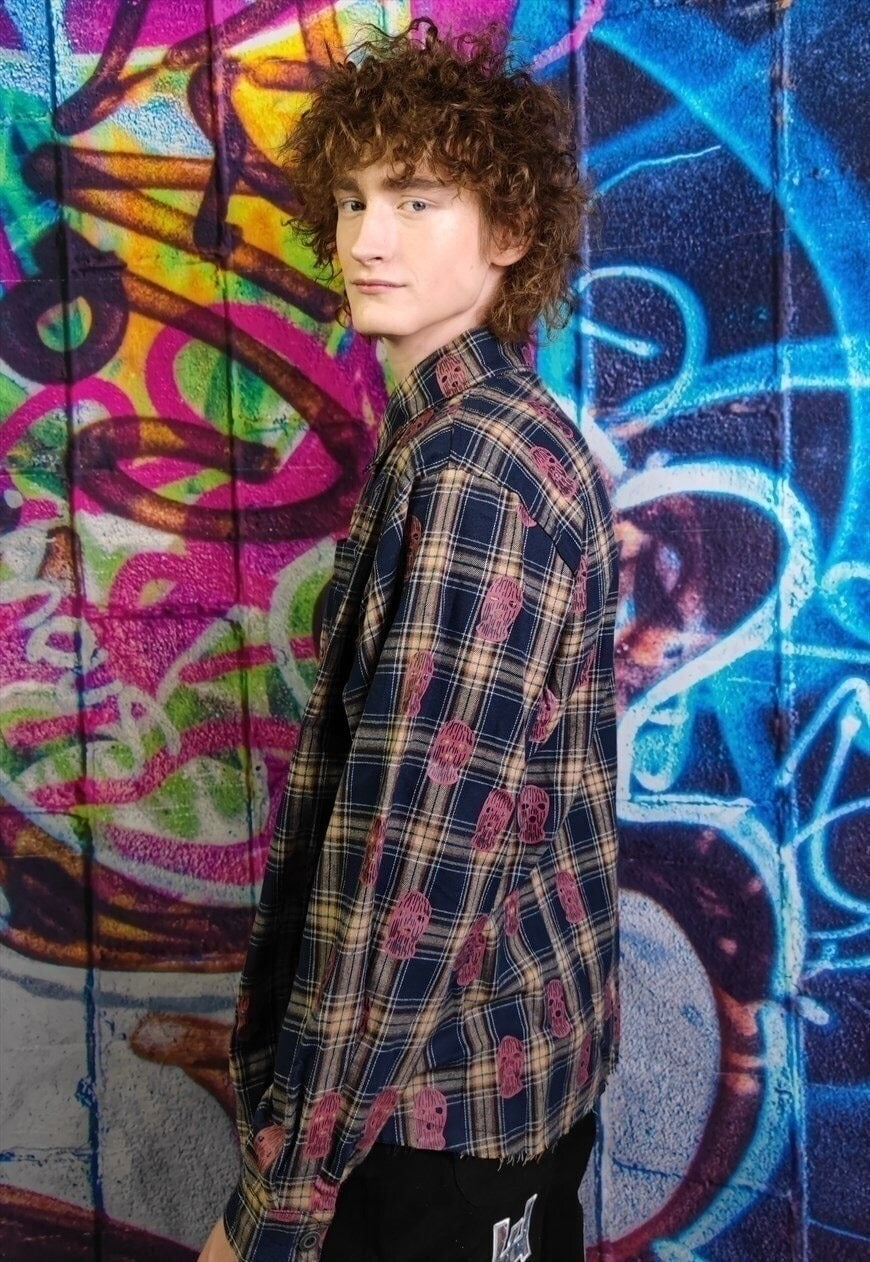 Balaclava patch shirt tartan check top in brown blue