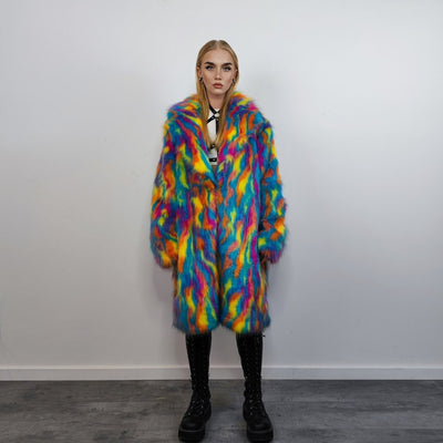 Faux fur long psychedelic coat 70s trench neon raver bomber fluffy tie-dye fleece disco festival jacket burning man going out coat blue pink