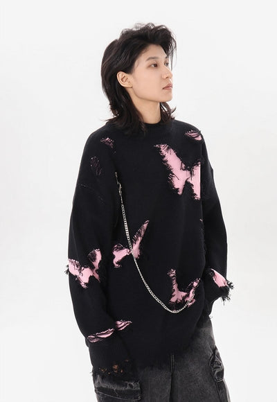 Ripped goth sweater shredded butterfly pattern chain jumper