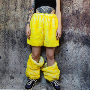 Faux fur joggers luxury detachable party pants handmade Barbie shorts fluffy premium festival overalls neon lemon yellow