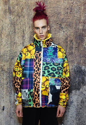 Tartan hood jacket reversible fleece emoji bomber in yellow