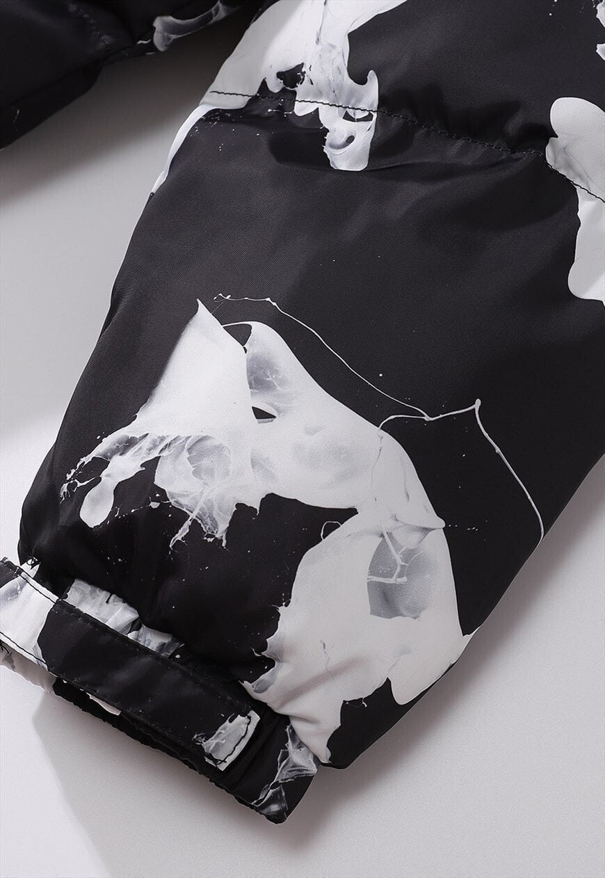 Paint splatter bomber Milk print cow puffer jacket in black