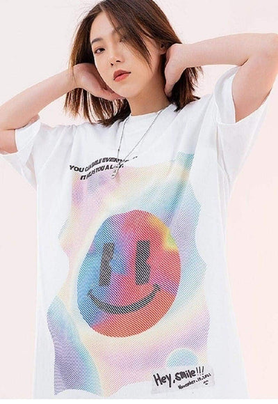 Smile print t-shirt emoji tee skater rainbow top in Black