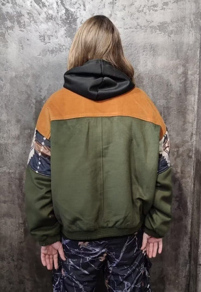 70s Aztec varsity jacket suede feel bomber in khaki green