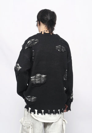 Ripped gothic sweater black shredded pattern chained jumper