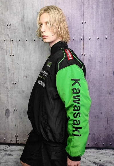 Green racing jacket patchwork Kawasaki motorsport varsity