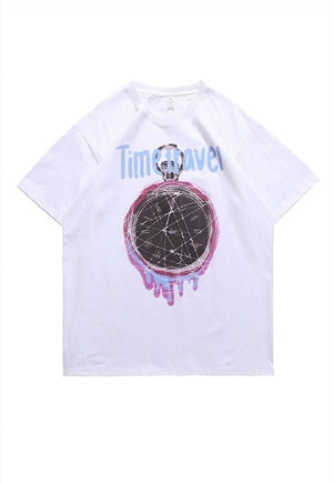 Clock print t-shirt time travel tee grunge top in black