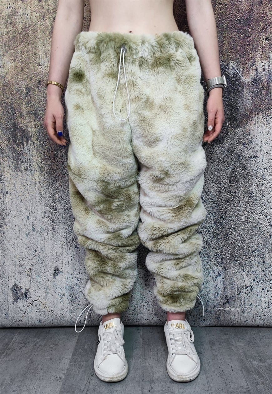 Tie-dye faux fur joggers fleece pants 2 in 1 trouser shorts