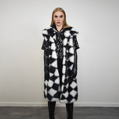 Diamond pattern fur coat checked long trench rhombus gothic overcoat SKA print bomber festival jacket customizable going out peacoat black