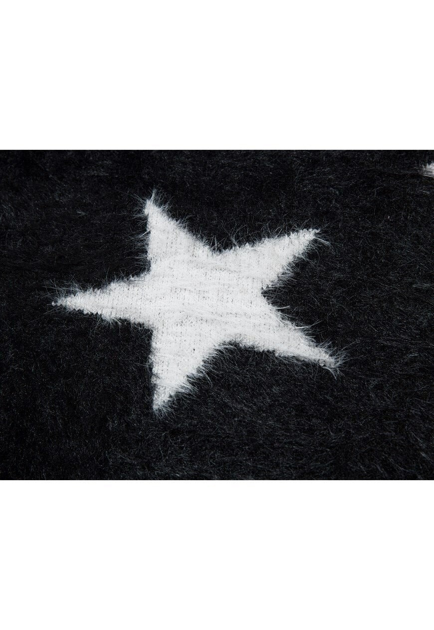 Fluffy sweater fuzzy jumper star print long hair top black