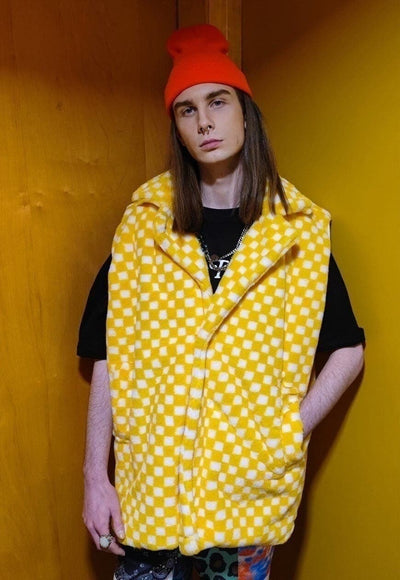 Chequerboard fleece jacket handmade 2 in 1 check coat yellow