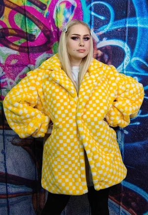 Chequerboard fleece jacket handmade 2 in 1 check coat yellow