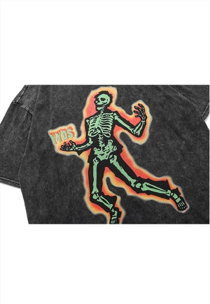 Skeleton t-shirt thermal print tee vintage wash top in grey