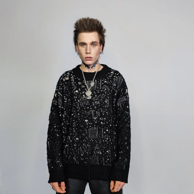 Ripped knitted sweater shredded jumper distressed knitwear top hole punch sweatshirt knit rocker tee in black