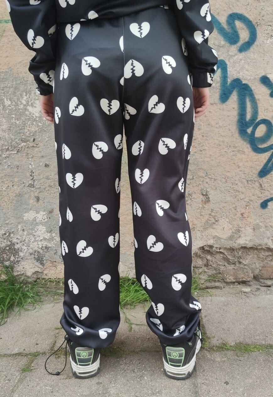 Broken heart joggers handmade Love cartoon overalls black