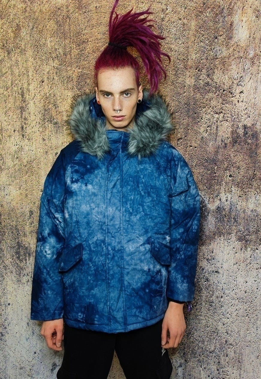 Gradient space print parka tie-dye print bomber coat in blue